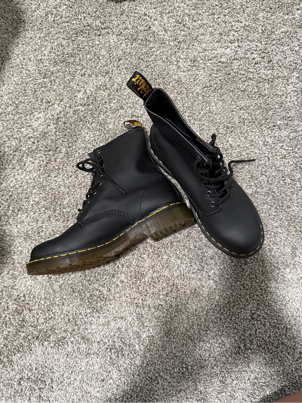 Dr. Martens Black Leather 8-Eye Lace-Up Boots with Yellow Welt Stitching